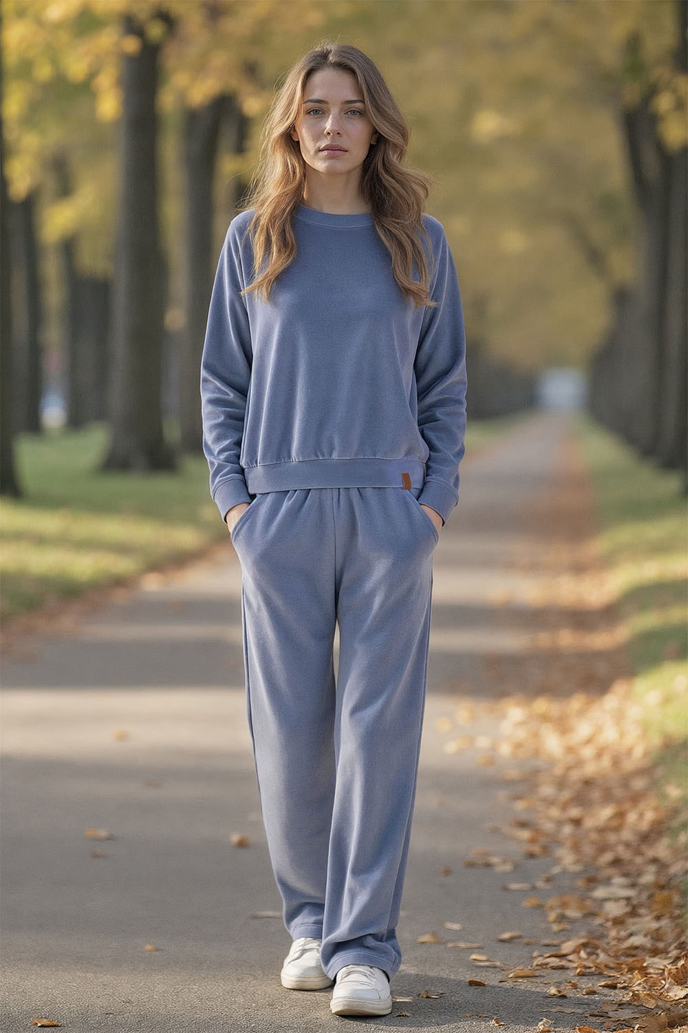 Vivisence Women's Velour Tracksuit Set Two Piece Loungewear Outfit With Classic Sweatshirt And Wide Leg Trousers Soft Cotton With Pockets And Elastic Waistband, Blue