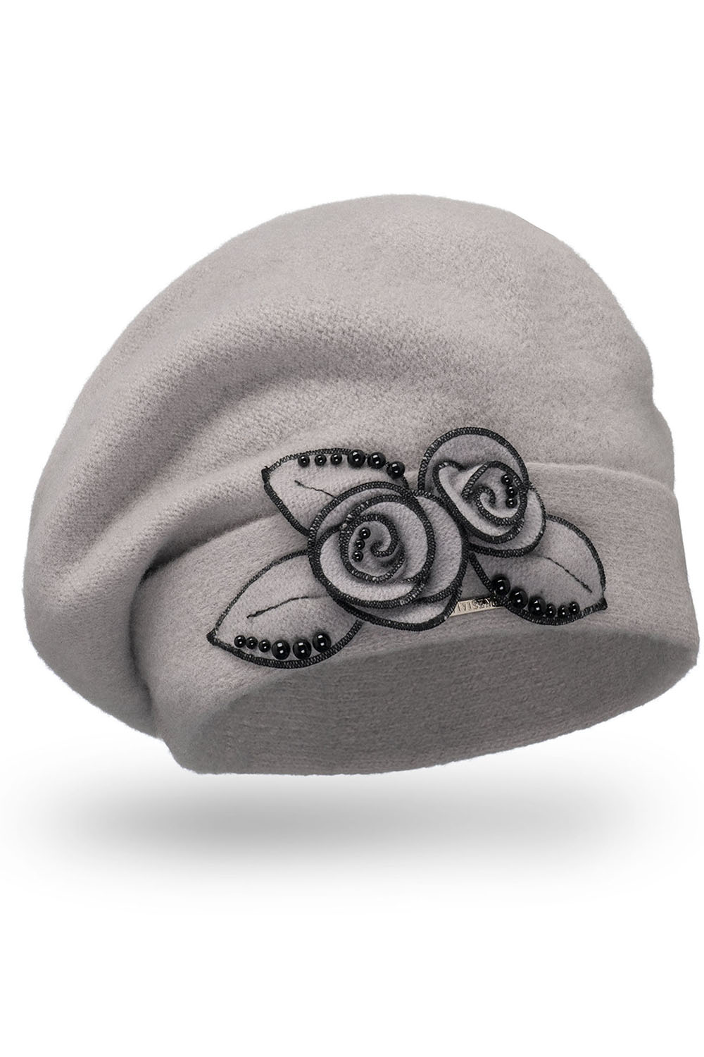 Vivisence Bonnet Femme Automne Hiver Élégant En Laine Avec Fleur Et Perles Fabriqué À La Main En Europe Idéal Pour L'Hiver Qualité Supérieure 7072, gris