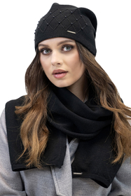 Vivisence Knitted Hat For Women Warm Winter With Pearls Wool Fleece Pleats 7002, black