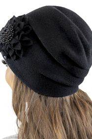 Vivisence Women's Wool Hat With Floral Pleats Antistatic Elegant 7052, black