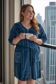 Vivisence Dressing Gown Cotton Zipper and Belt Pockets Home Comfort 5011, dark turquise