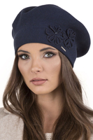 Vivisence Damen Baskenmütze Schal Set Wolle Blumenapplikation Warm Elegant 7007, dunkelblau