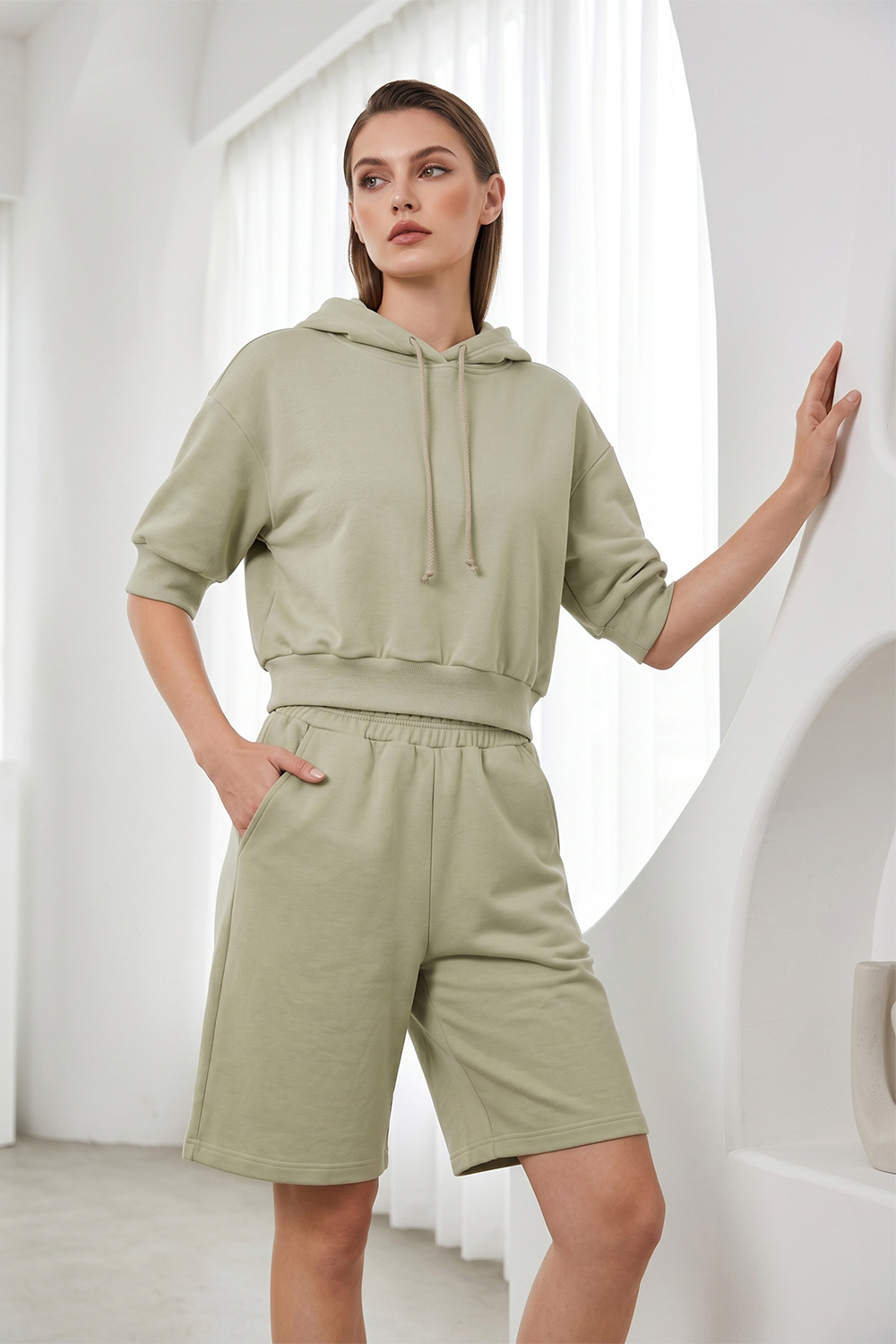 Vivisence Women Loungewear Set Soft Cotton Hoodie and Shorts All Day Ease, olive