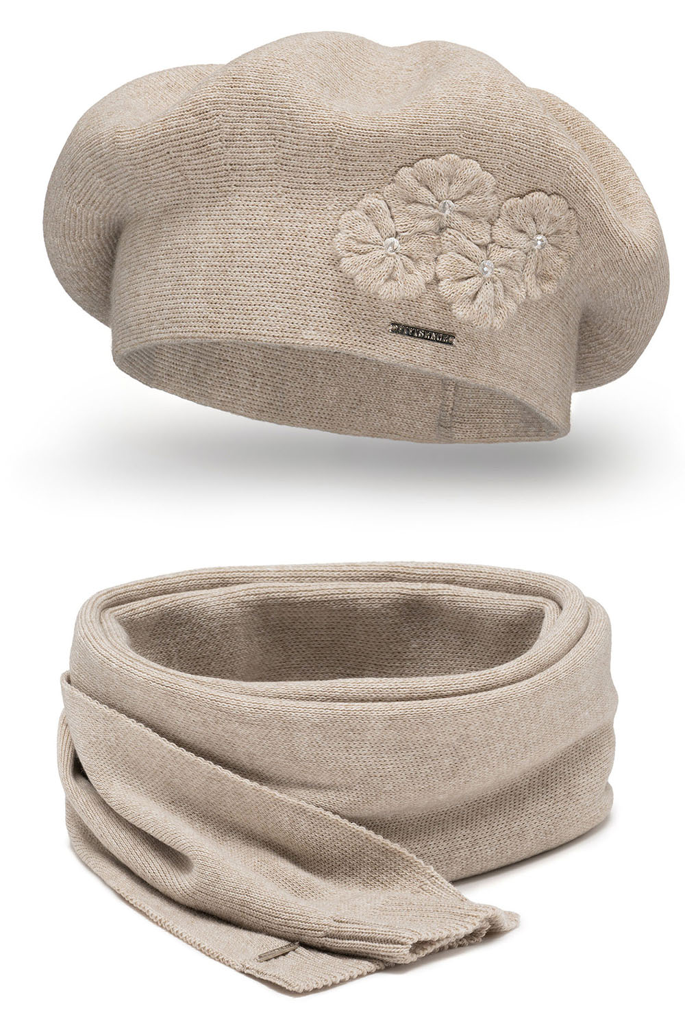Vivisence Elegant Women's Winter Set Including Classic Beret With Floral Decoration And Matching Long Warm Wool Scarf Ideal For Cold Winter And Autumn Days, beige