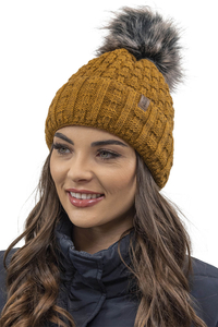 Vivisence Damen Mütze Bommel Warm Fleece Gefüttert Strick Winterstyle 7015, dunkelgelb