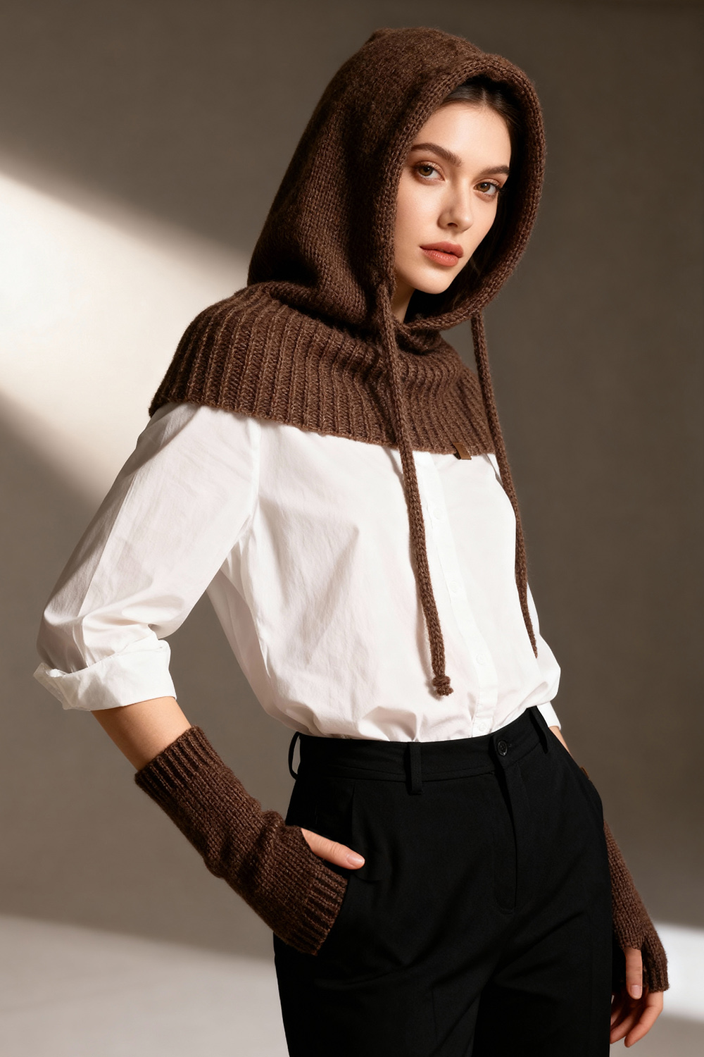 Vivisence Femme Cagoule Hiver Laine Merinos Et Coton Reglable Chaleur Douce, marron