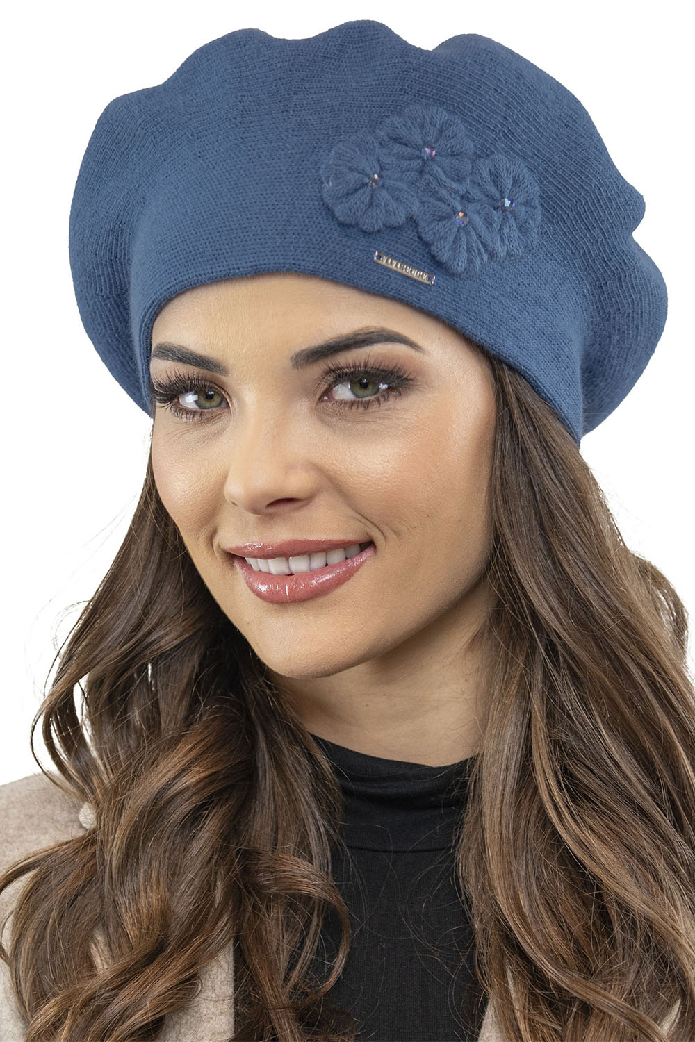 Vivisence Elegant Women's Winter Set Including Classic Beret With Floral Decoration And Matching Long Warm Wool Scarf Ideal For Cold Winter And Autumn Days, blue