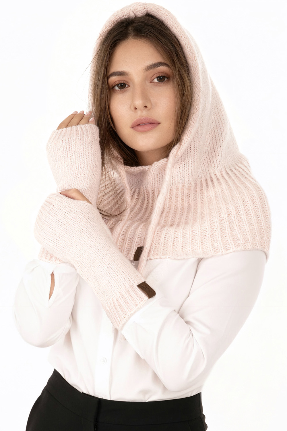 Vivisence Women Winter Hood And Gloves Set Merino Wool Knit Warm And Cozy, Pink