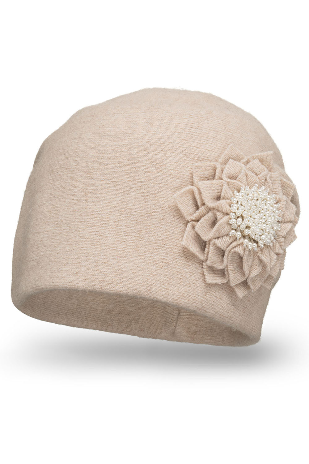 Vivisence Women's Wool Hat With Floral Pleats Antistatic Elegant 7052, beige