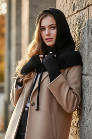 Vivisence Damen Kapuze Und Handstulpen Set Merino Baumwolle Warm für Wintertage, Schwarz