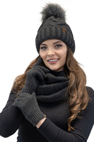 Vivisence Damen Winter Set Bommelmütze Loop Schal Handschuhe Warm Elegant, dunkelgrau