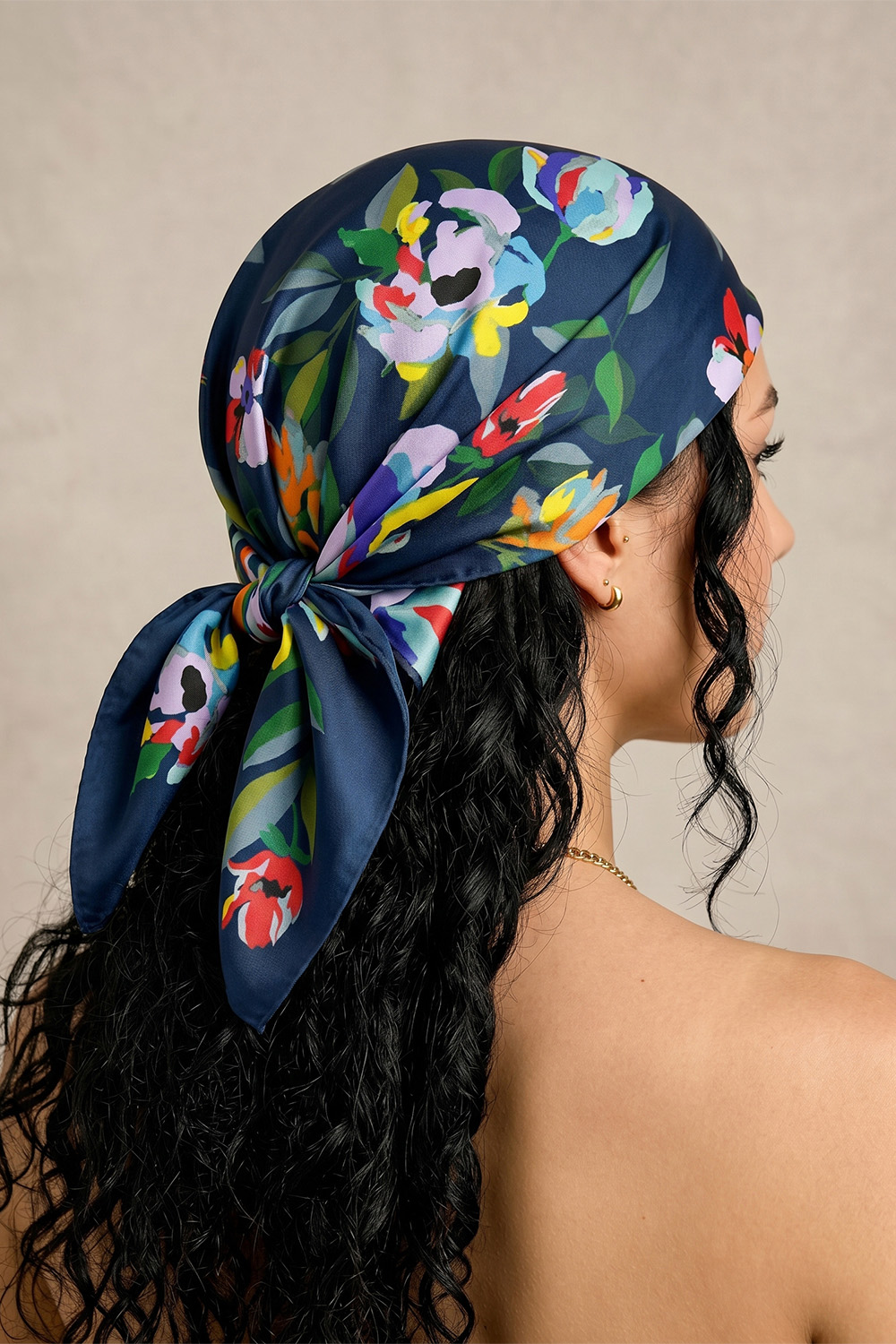 Vivisence Women Silk Scarf Silk Bandana Hand Rolled Edges Versatile Style, navy blue/colourful flowers