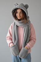 KiddyMoon Damen 3-In-1 Teddybär Kapuze Schal Und Fäustlinge One Size, hellgrau