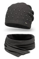 Vivisence Winter Set For Women With Warm Hat And Scarf Made Of Wool-Blend Yarn Fashionable Classic Design With Elegant Pearl And Braid Details Perfectly Fit For Cold Days, dark grey