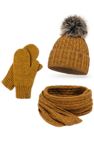 Vivisence Women Winter Hat Scarf And Gloves Set Fleece Lined Soft Knit Warmth, dark yellow
