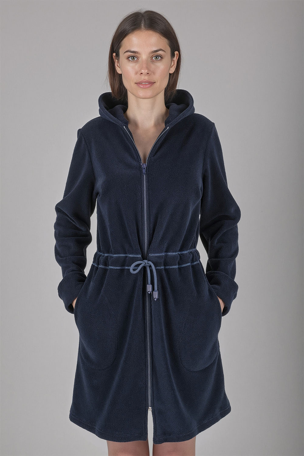 Vivisence Women's Robe Cotton with Zipper Warm Fabric Perfect for Evening Spa 5012, dark blue