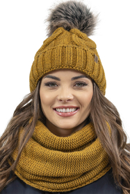 Vivisence Stylish Women's Winter Set Including Pompom Hat And Cozy Snood Scarf Made From Soft And Warm Fabric Smooth Fleece Lining Ideal For Cold Days, dark yellow