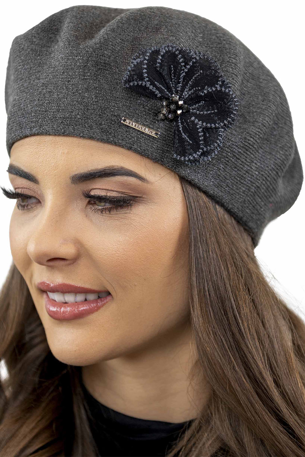 Vivisence Béret Femme Avec Appliqué Floral En Fil Idéal Pour Les Journées 7036, gris foncé