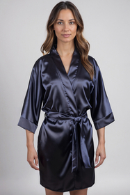 Vivisence Damen Satin Kimono Morgenmantel aus Polyester, eleganter V-Ausschnitt, 3/4 Arm, kurzer Bademantel für Damen als Nachtwäsche, dunkelblau
