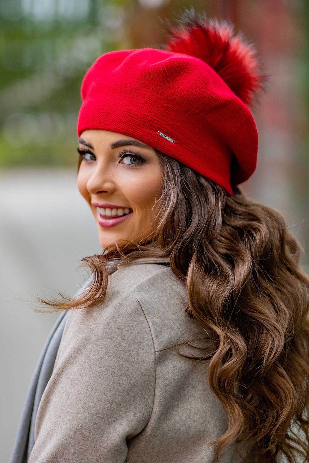 Vivisence Women Beret Wool Blend Faux Fur Pompom Elegant Warm Winter Hat 7035, red