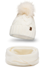 Vivisence Damen Bommelmütze Und Loop-Schal Mit Bommel Ideal Für Wintertage 7014, ecru