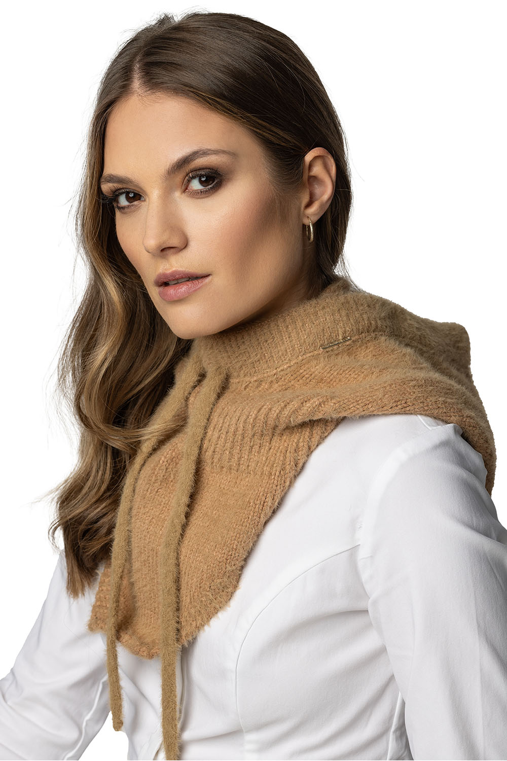 Women's Hood And Gloves for Winter and Autumn Set Stylish Balaclava Warm And Functional For Cold Weather Comfort With Soft Yarn And Elegant Tinsel Detail 7097Kmpl, carmel