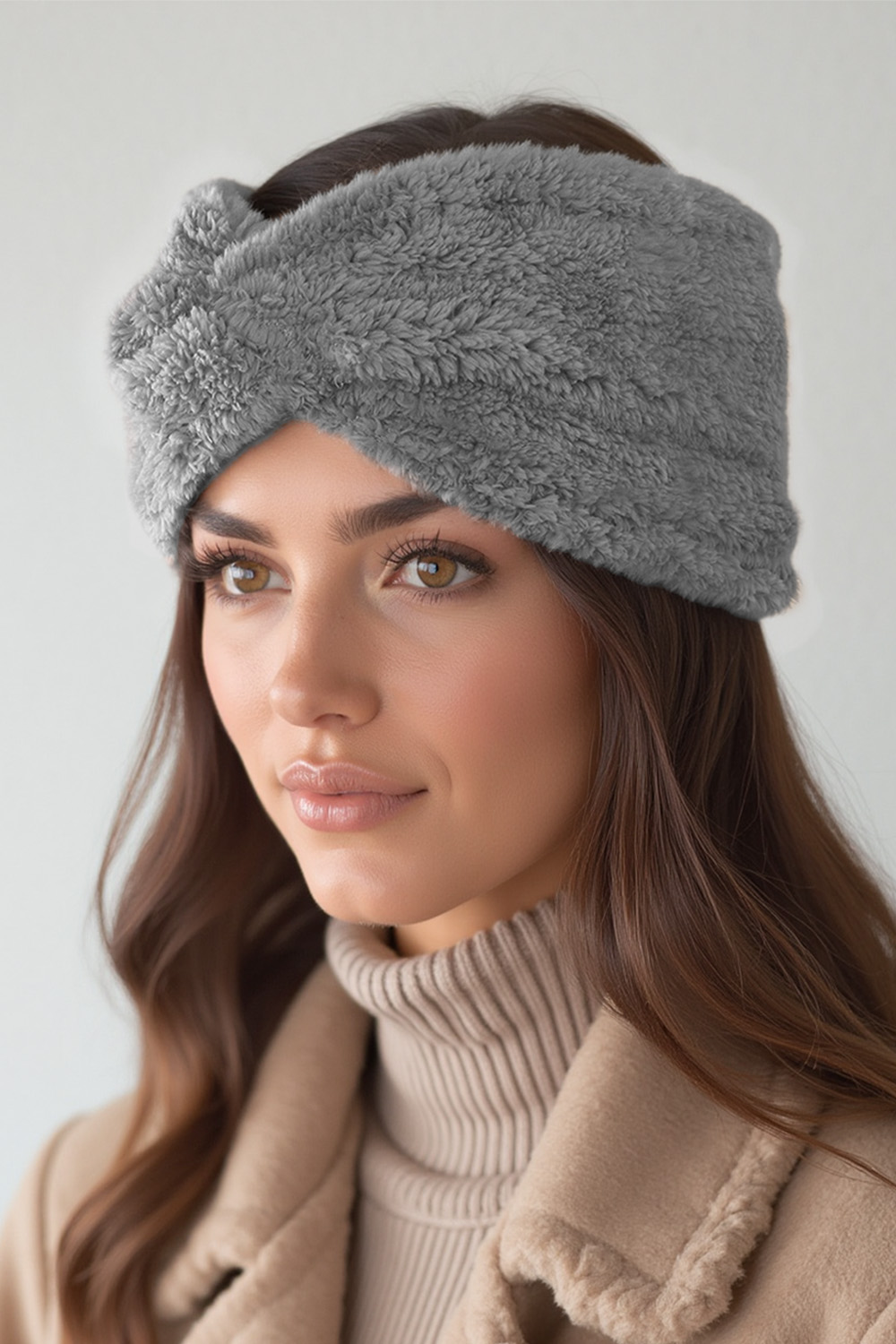 Vivisence Women Headband Soft Fluffy Knit Twist Front Cozy Warmth For Cold Days, light grey