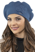 Vivisence Elegant Women's Winter Set Including Classic Beret With Floral Decoration And Matching Long Warm Wool Scarf Ideal For Cold Winter And Autumn Days, blue