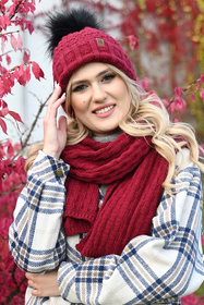Vivisence Pom Pom Hat For Women Fleece Lined Knitted Winter Style 7015, maroon