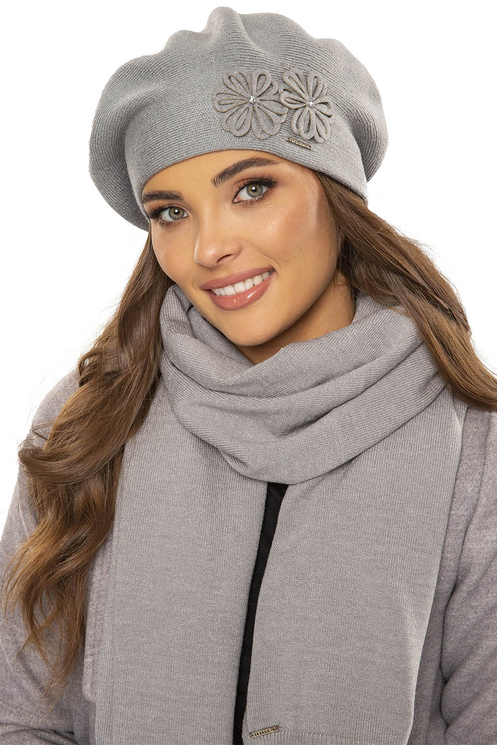 Vivisence Elegant Women's Winter Set Beret And Scarf With Classic Design And Floral Decoration Made Of Warm And Soft Fabric With Wool Blend Ideal For Cold Winter Days, Light Grey