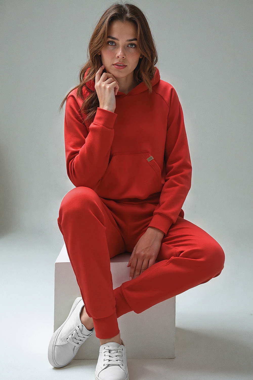 Vivisence Women Hoodie Sweatshirt Cotton Hood Pocket Casual Sportswear, red