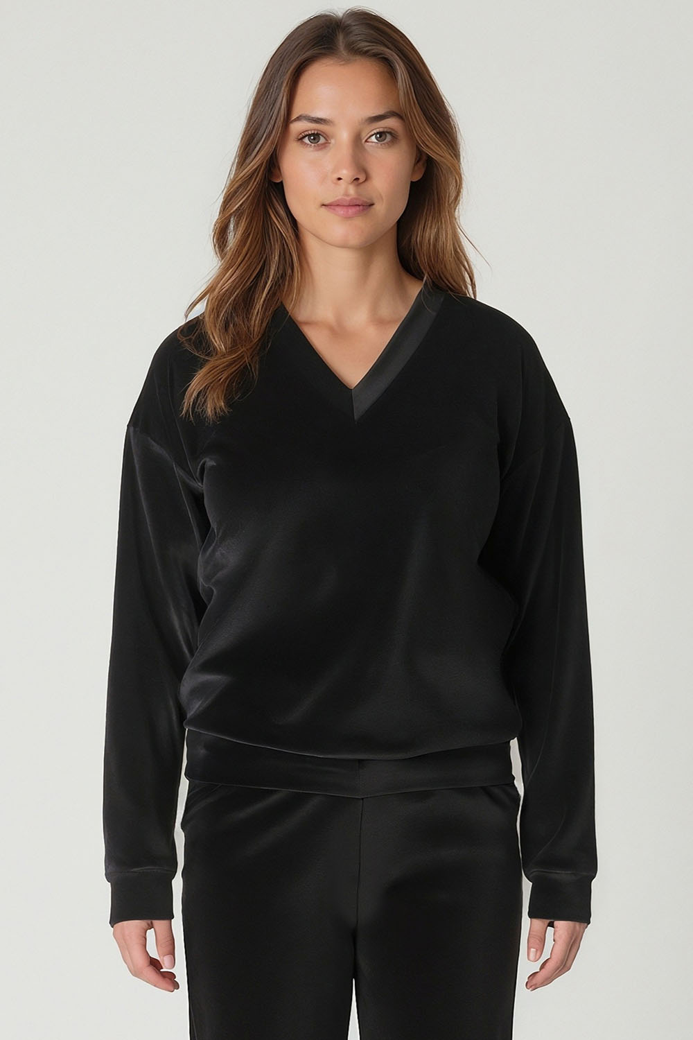 Vivisence Women Sweatshirt Velour V Neck Long Sleeve Lounge Casual 9002, Black