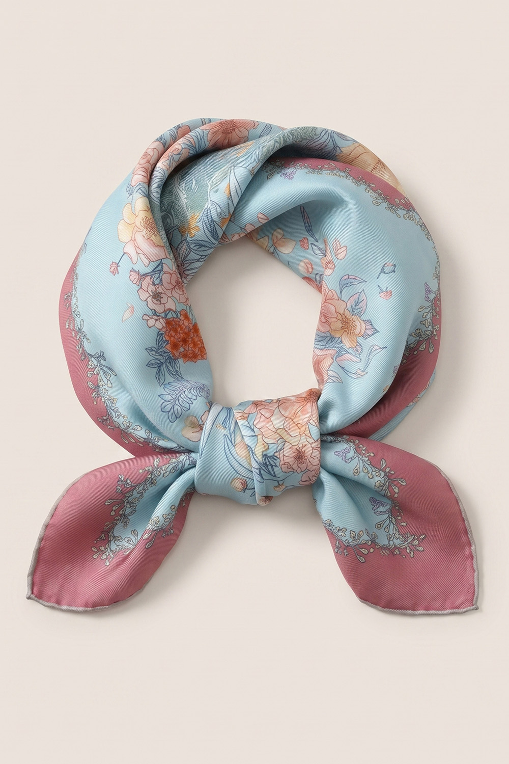 Vivisence Carré de Soie Femme 65 x 65 cm, Foulard en Soie Naturelle 14 Momme, Bords Roulottés à la Main, Motif Floral Bleu Ciel/Rose, Bleu ciel/Rose
