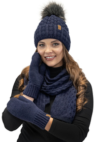 Vivisence Pom Pom Hat For Women Fleece Lined Knitted Winter Style 7015, dark blue