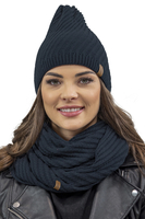 Vivisence Bonnet Et Cache Cou Femme Pour L'automne et L'hiver Ensemble Chaud Et Élégant Tricoté Avec Pompon Fourrure Doux Et Confortable Pour Activités Quotidiennes Et Plein Air 7017Kmpl, bleu foncé