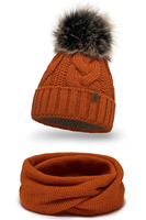 Vivisence Bonnet Femme Et Écharpe Pour L'automne et L'hiver À Pompon Cache-cou Ensemble Classique En Fils Chauds Avec Doublure En Polaire Parfait Pour Les Journées Froides 7014, orange