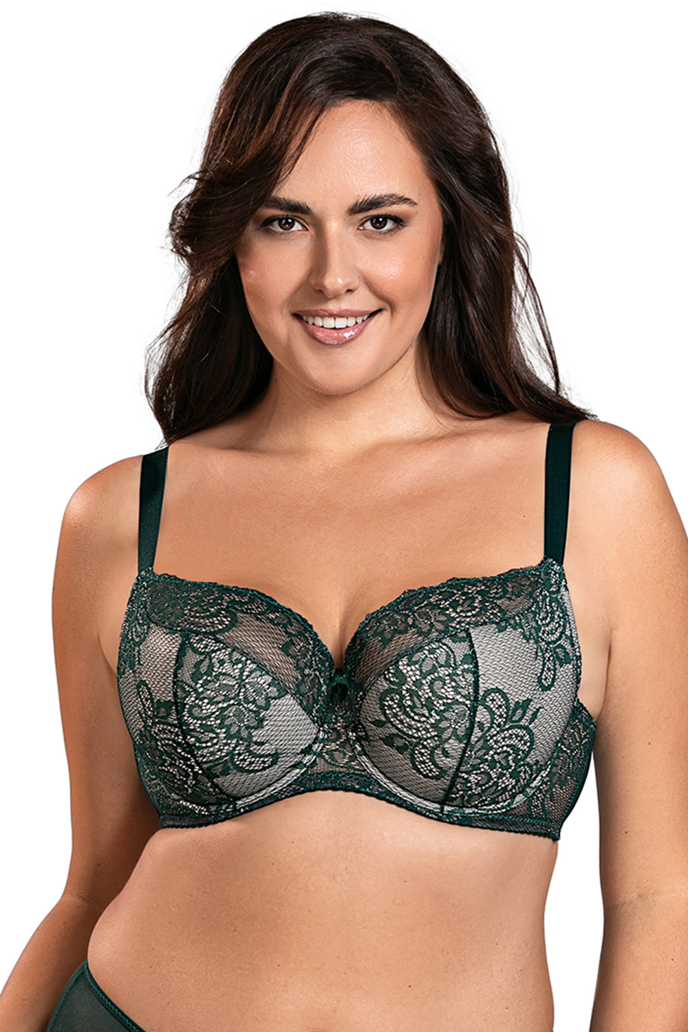 Vivisence Underwired Bra Semi Padded Half-Padded Cups Floral Lace Adjustable Straps, green