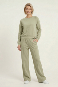 Vivisence Women’s 2 Piece Lounge Set, Crew Neck Sweatshirt and Flared Trousers with Pockets, Soft Stretch Co Ord Set, olive