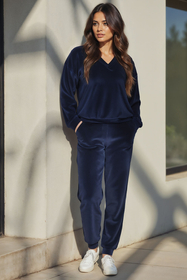 Vivisence Dame Sweatshirt Sporthemd Velvet Velours Alltag Homewear Klassisch Sport Jogging 9002, dunkelblau