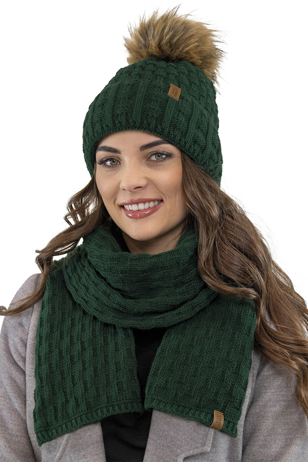 Vivisence Femme Ensemble Bonnet Pompon Écharpe Moufles Chaud Hiver Élégant, vert