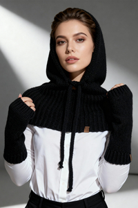 Vivisence Damen Kapuze Und Handstulpen Set Merino Baumwolle Warm für Wintertage, Schwarz