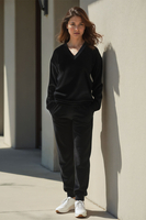 Vivisence Women Sweatshirt Velour V Neck Long Sleeve Lounge Casual 9002, Black