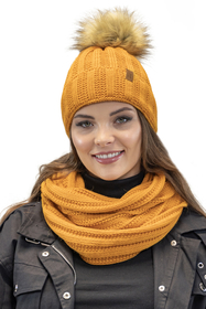 Vivisence Fashionable Winter Set For Women Hat With Pom-Pom And Matching Chimney Made Of Warm Yarn With Trendy Weave Soft Fleece Lining Perfect For Cold Winter Days, honey