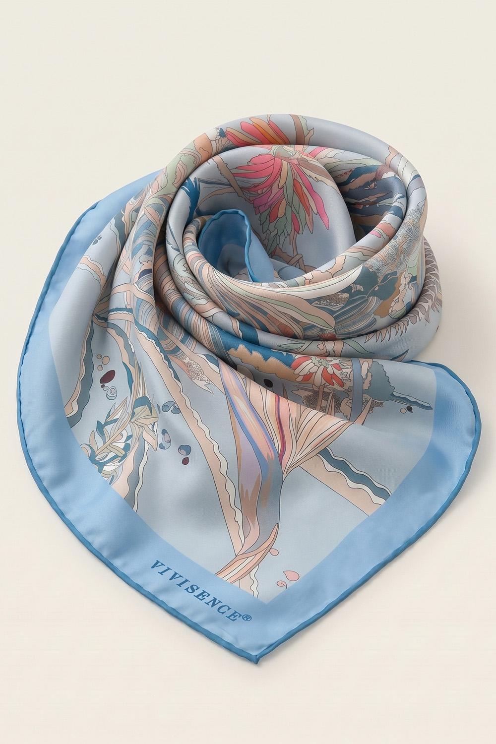 Vivisence Femme Foulard En Soie Naturelle Bords Roulottés Doux Pour La Peau, bleu/beige