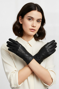 Vivisence Women Winter Leather Gloves Genuine Leather Wool Lined For Warmth, Black