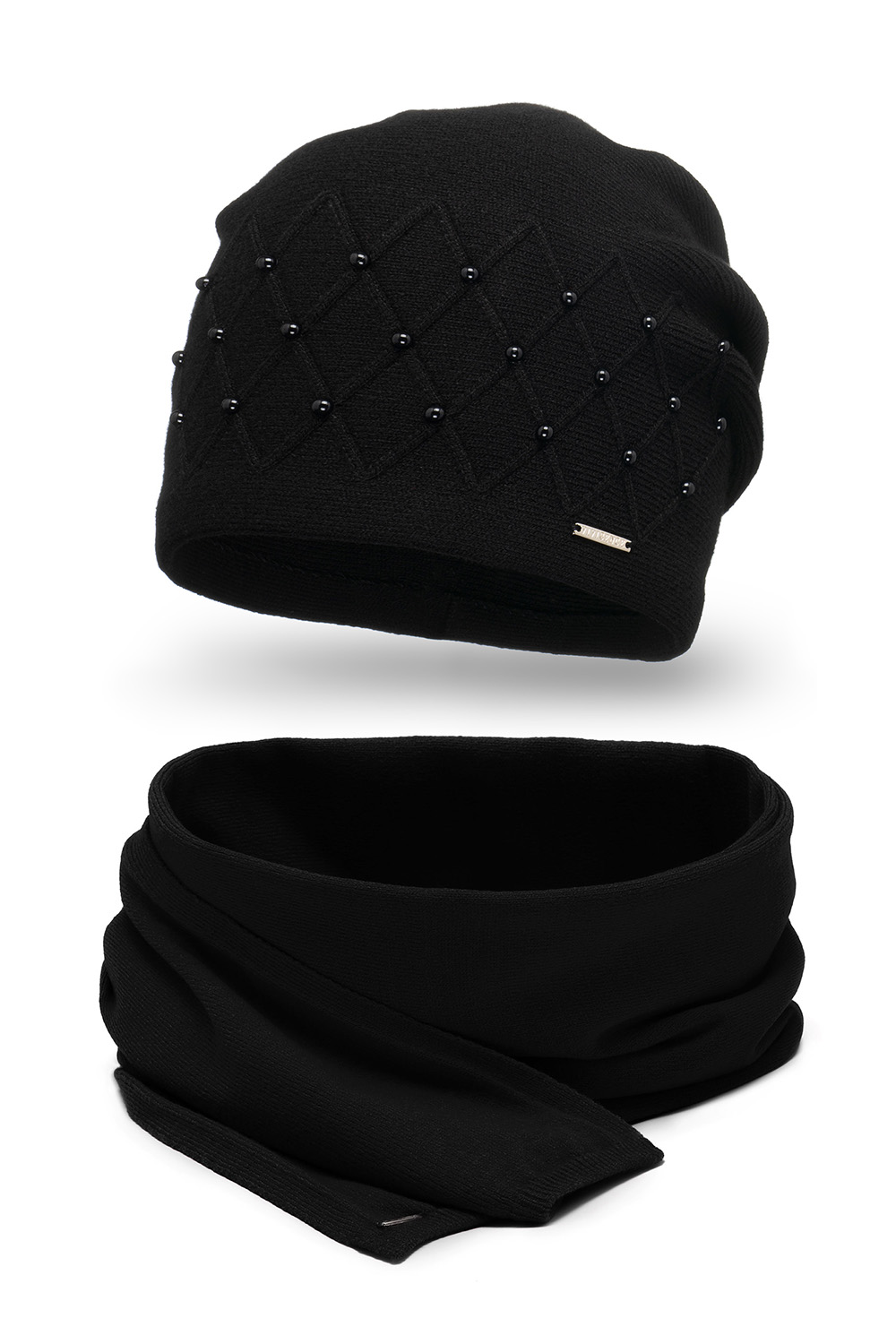 Vivisence WinterSet Für Damen Mit Mütze Und Schal Aus Warmem Garn Mit Wollzusatz Perfekt Für Kalte Wintertage Mit Dekorativen Perlen, Schwarz