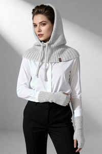 Vivisence Damen Kapuze Und Handstulpen Set Merino Baumwolle Warm für Wintertage, Grau