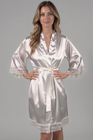 Vivisence Damen Negligé Satin Kurz Kimonoärmel Spitze Bindegürtel Elegant 5032, ecru