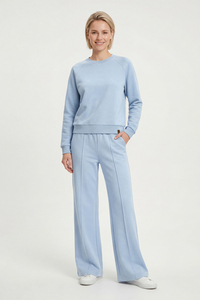 Vivisence Women’s 2 Piece Lounge Set, Crew Neck Sweatshirt and Flared Trousers with Pockets, Soft Stretch Co Ord Set, sky blue