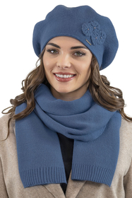 Vivisence Elegant Women's Winter Set Including Classic Beret With Floral Decoration And Matching Long Warm Wool Scarf Ideal For Cold Winter And Autumn Days, blue